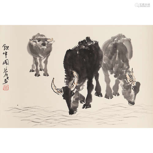 张广（b.1942） 饮牛图 设色纸本立轴