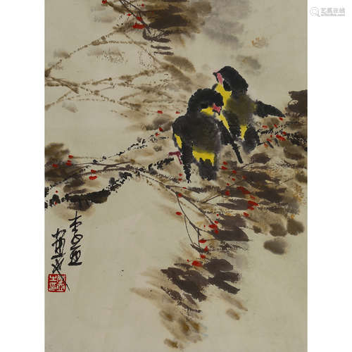 李亚(b.1926) 花鸟 设色纸本立轴