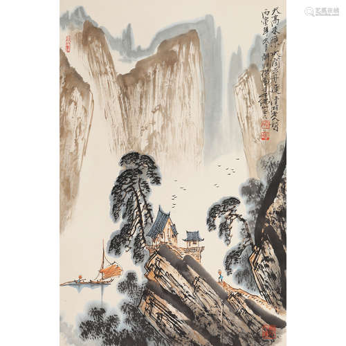 解维础（b.1946） 峡江帆影 设色纸本立轴