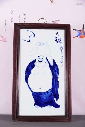 红木镶青花手绘人物瓷板画《大吉祥》中堂挂屏