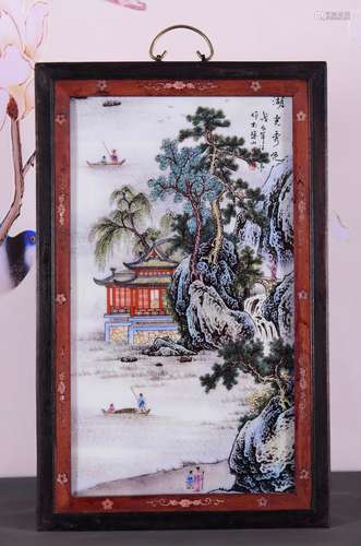 红木双色镶贝壳框镶粉彩山水瓷板画《湖光秀色》中堂挂屏