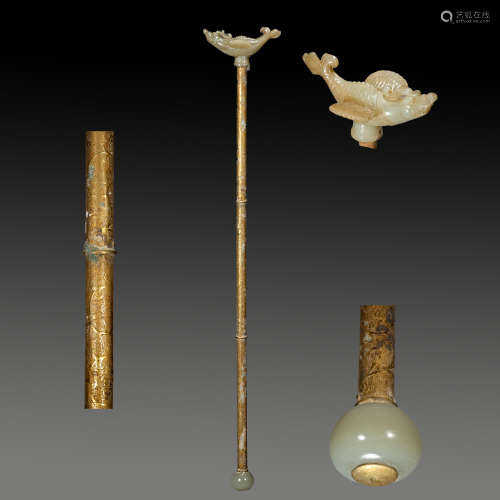 Chinese Liao Dynasty Hetian jade gilt walking stick