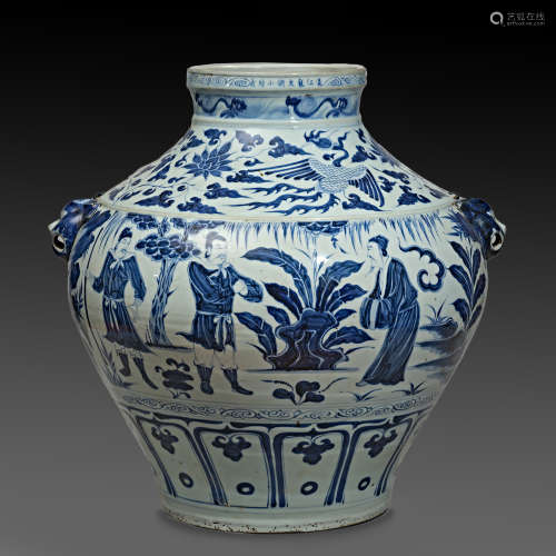 Chinese Ming Dynasty blue and white figure picture big pot