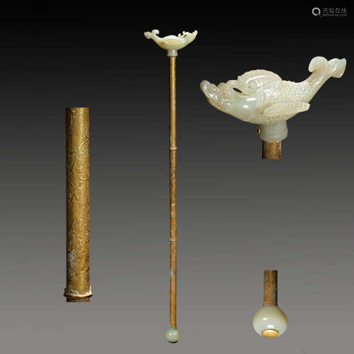 Chinese Liao Dynasty Hetian jade gilt walking stick