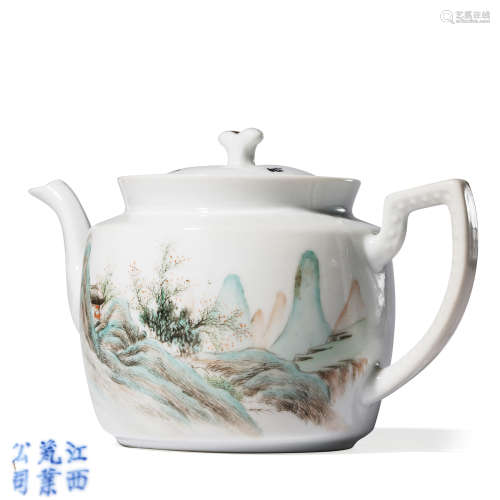 民国 癸亥（1923年）浅绛彩诗意山水茶壶