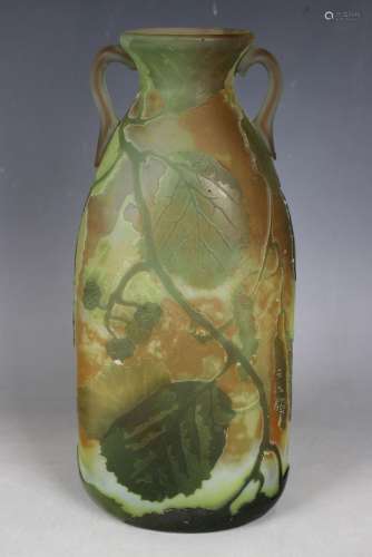 A Legras cameo glass two-handled vase, circa 1900, of flatte...