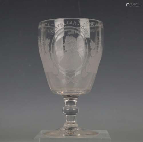 A large Admiral Lord Nelson engraved commemorative glass rum...