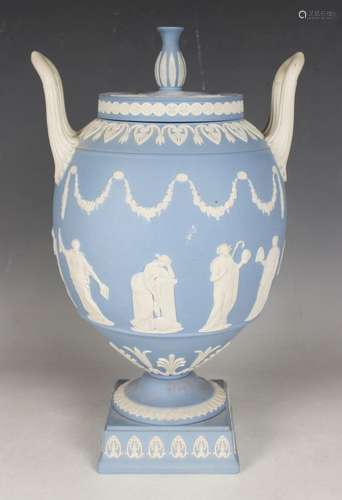 A Wedgwood pale blue jasperware two handled vase and cover, ...