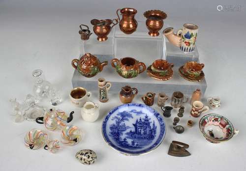 A small group of miniature glass, china and metal tablewares...