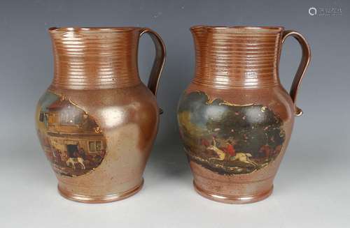 Two rare cold painted English saltglaze brown stoneware jugs...