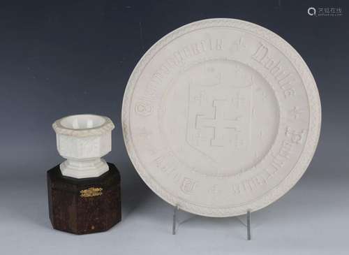 A Parian travelling font with original box, circa 1860, of o...