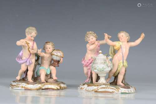 A pair of Meissen figure groups representing the Arts, late ...