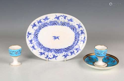 A Minton Japanese Crane pattern blue printed oval dish, circ...