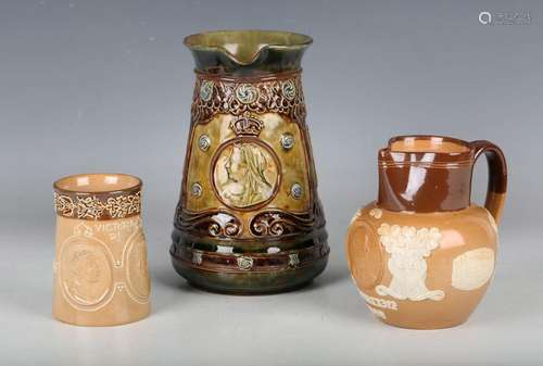 Three Doulton stoneware Royal commemoratives, comprising a Q...