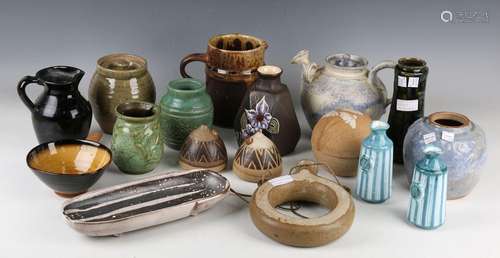 A group of studio pottery, including a Looe Pottery green gl...