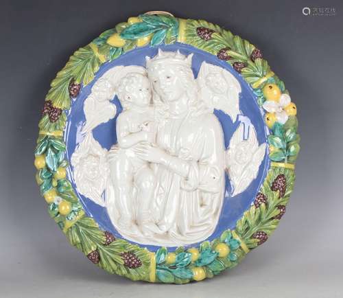 A Cantagalli Della Robbia style pottery roundel, late 19th c...