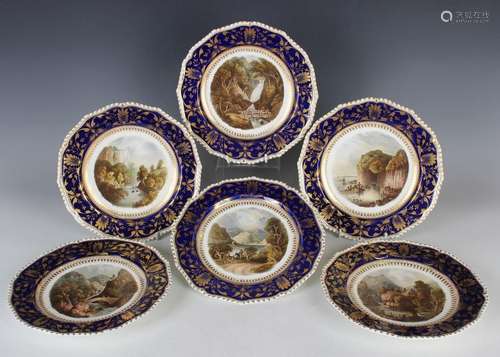 A set of six Bloor Derby topographical plates, circa 1840, p...