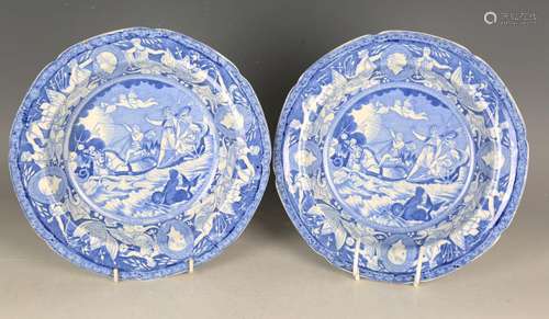 A pair of blue printed pearlware soup plates, circa 1820-30,...