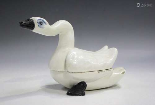 An unusual Dutch Delft box and cover in the form of a swan, ...