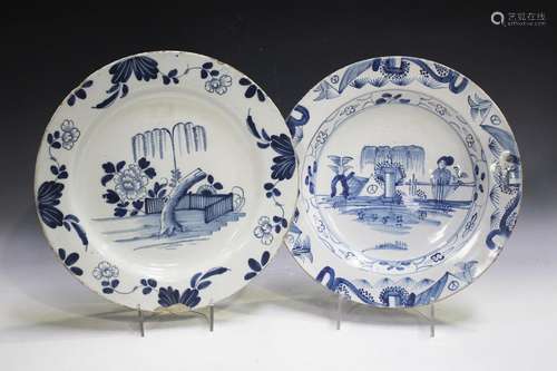 Two English Delft blue painted chinoiserie chargers, second ...