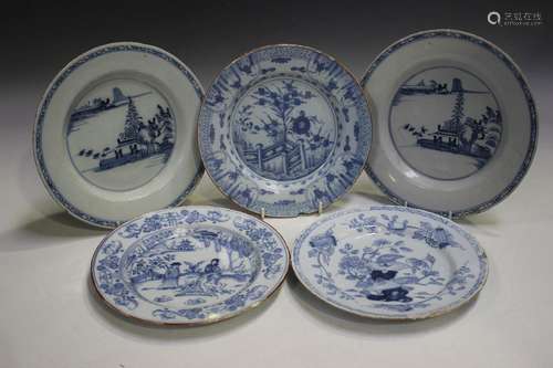 Nine assorted Delft plates, mostly English, early to mid-18t...