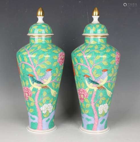 A pair of Herend Macao Green vases and covers, designed by J...