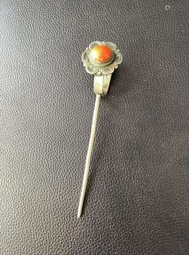 CORAL INLAID SILVER HAIRPIN