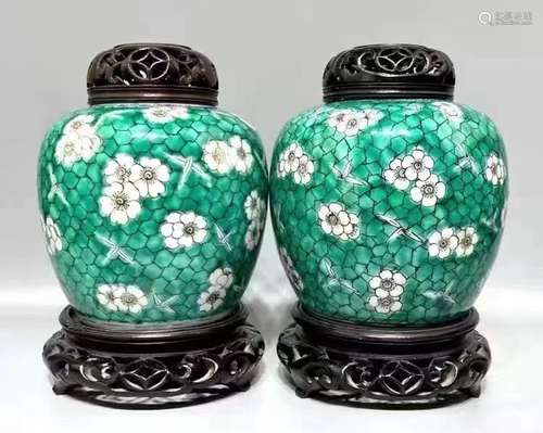 GREEN GROUND 'PLUM BLOSSOM' JARS, PAIR