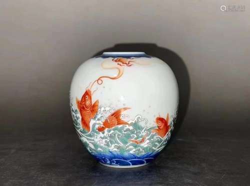 BLUE AND WHITE FAMILLE ROSE 'KOI FISH' JAR