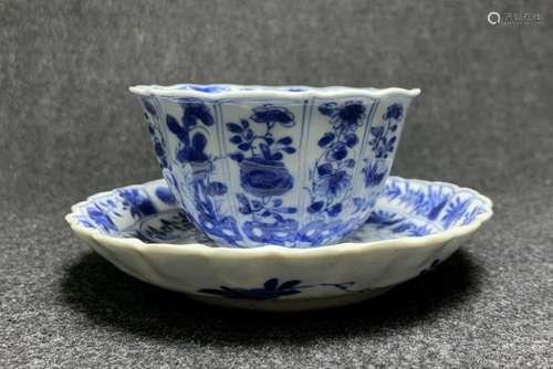 BLUE AND WHITE FLORAL CUP WITH SAUCER