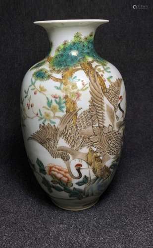 FAMILLE ROSE 'CRANES' GUANYIN VASE