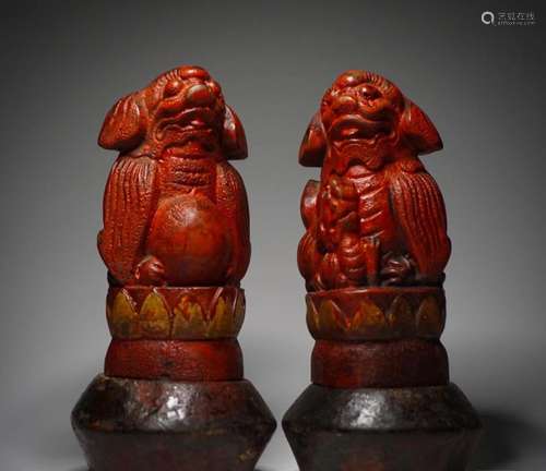 HARDWOOD CARVING 'AUSPICIOUS LIONS' EFFIGIES, PAIR