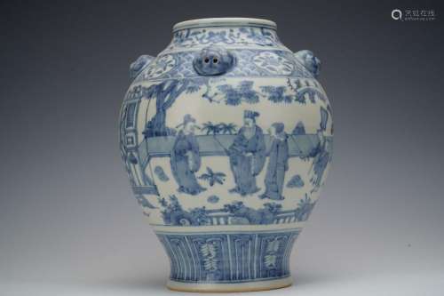 BLUE AND WHITE 'ANCIENT FIGURES' BEAST-HANDLE JAR