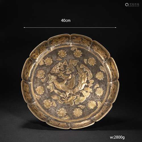 Tang Dynasty Copper Gilt Plate; Diam.40cm; Weight.2800g