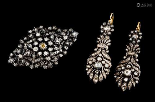 A pair of Romantic era  drop earrings and brooch