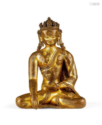 14世紀 銅鎏金寶冠釋迦牟尼佛像