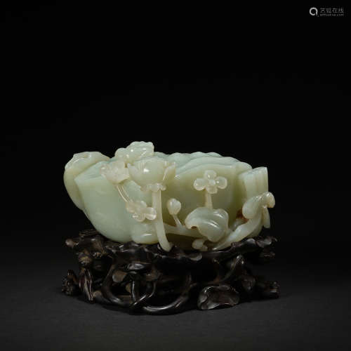 A celadon jade 'lotus pond' brush washer,Qing dynasty