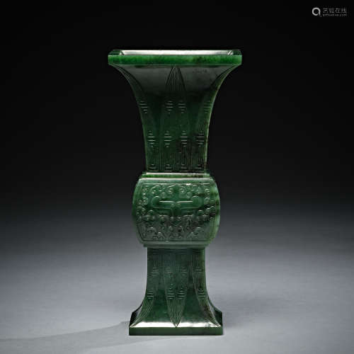 An archaic spinach-green jade ritual vessel (Gu) ,Qing dynas...