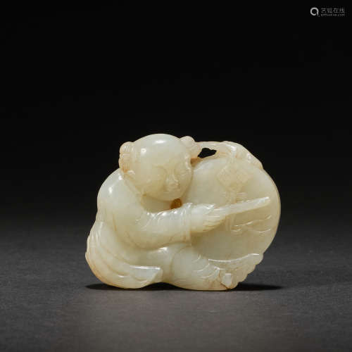 A white jade carving of boy hits drum ,Qing dynasty