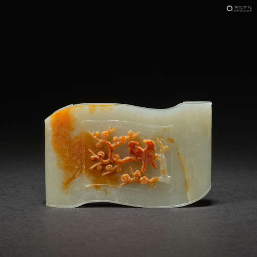 A rare white 'magpie in the plum' jade paperweight ,Qing dyn...