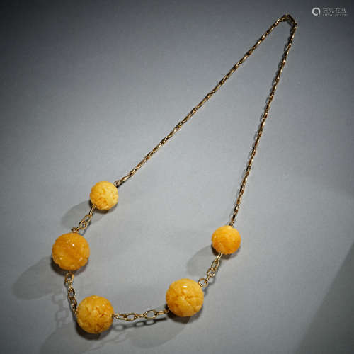 Natural amber beads necklace,4 carved beads
