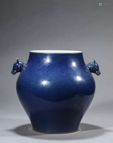 A blue-glazed Zun with deers handles,Qing dynasty