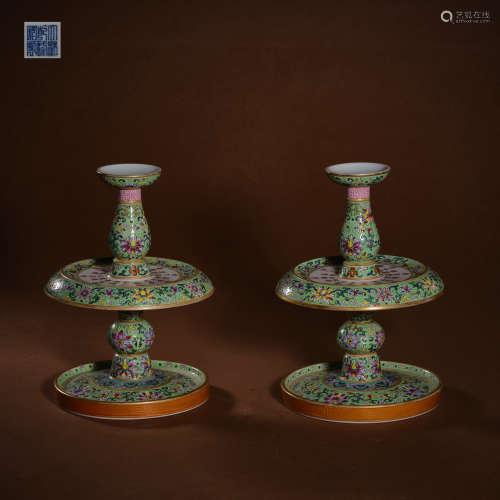 A pair of famille-rose candle holders,Qing dynasty