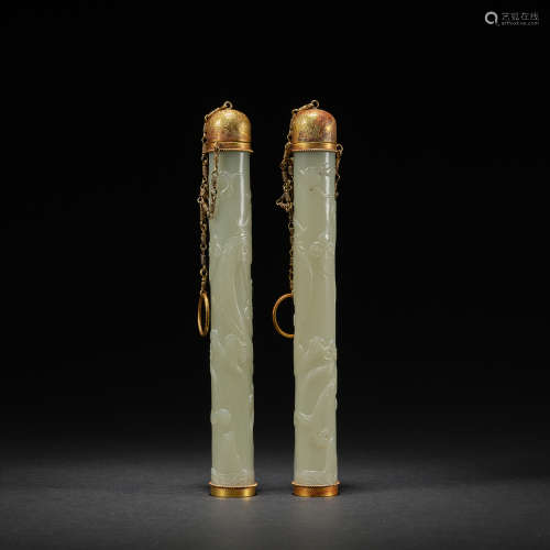 A pair of jade tubes with gilted silver cover,Liao dynasty