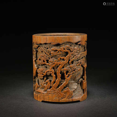 A carved bamboo 'scholar's landscape' brushpot, Qing dynasty