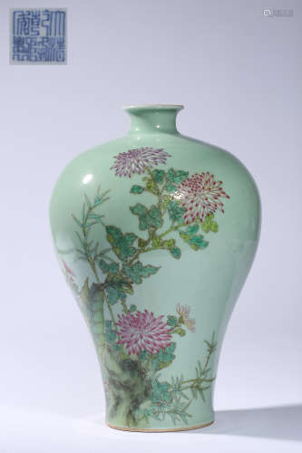 A pea green glazed 'flowers ,butterflies and Chinese poem' m...