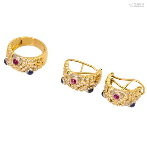 Schmuckset: Ring und Ohrringe mit Rubin, Saphir und Brillant...