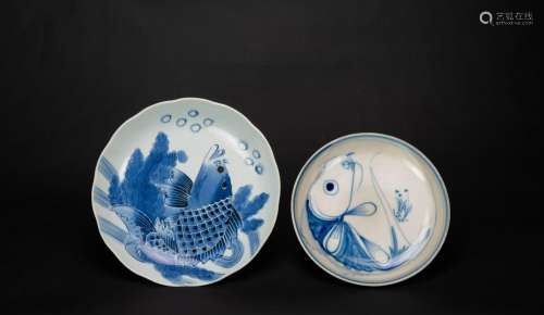 Late Qing/Republic - A Blue And White 'Koi’ Plate