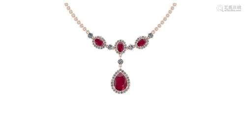 Certif ied 9.35 Ctw I2/I3 Ruby And Diamond 14K Rose Gold Nec...