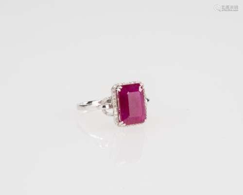 A Natural Ruby 5 ct Mounted With Diamond 14k White Gold Ring